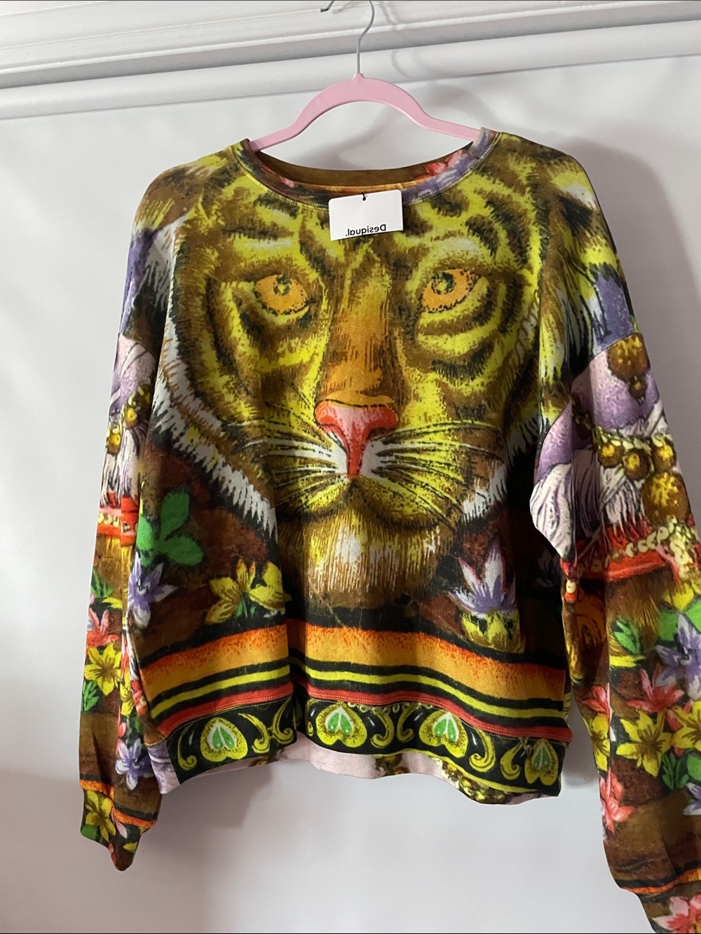 Desigual Yellow & Green Tiger Face Sweatshirt NWT M